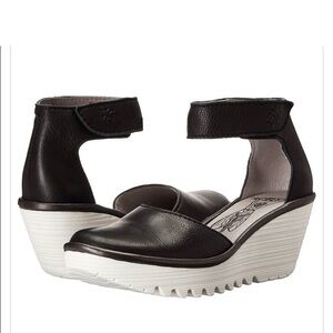 Fly London Yand Black Wedges with White Soles